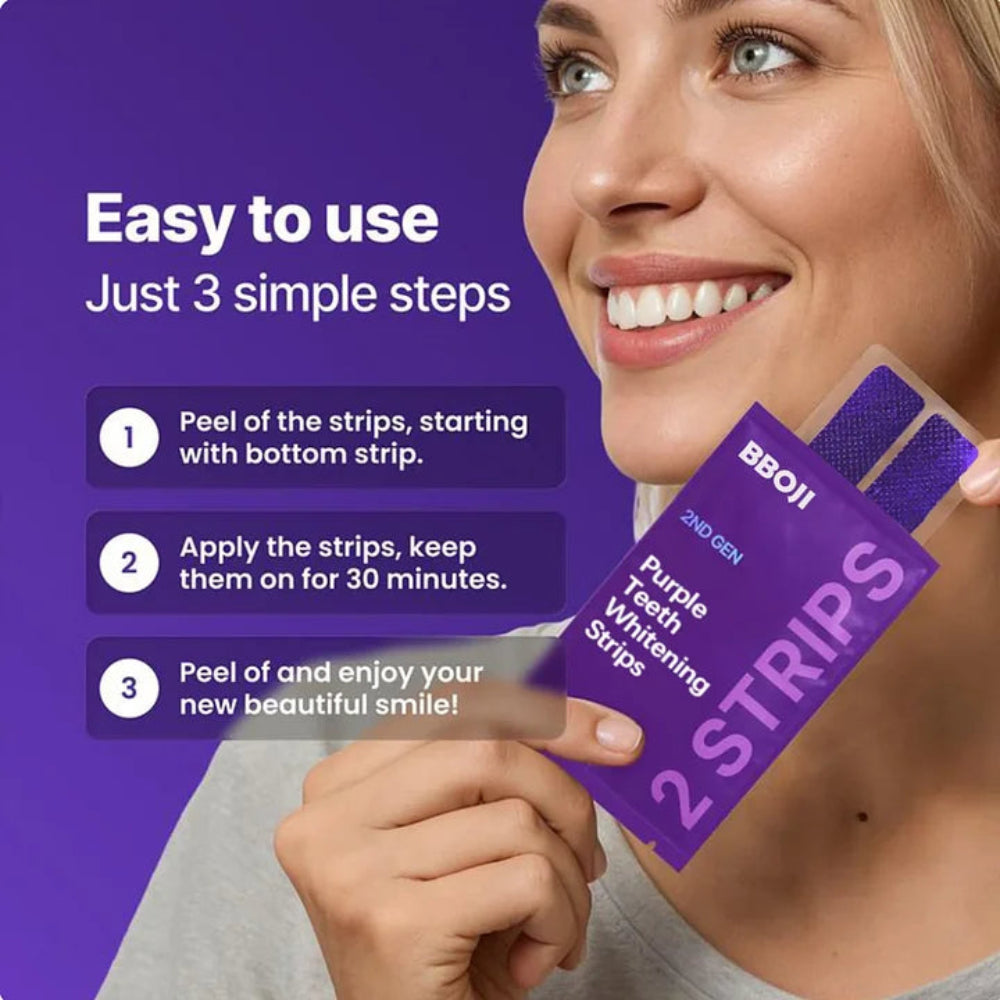 Woman holding purple teeth whitening strips with step-by-step instructions on a purple background